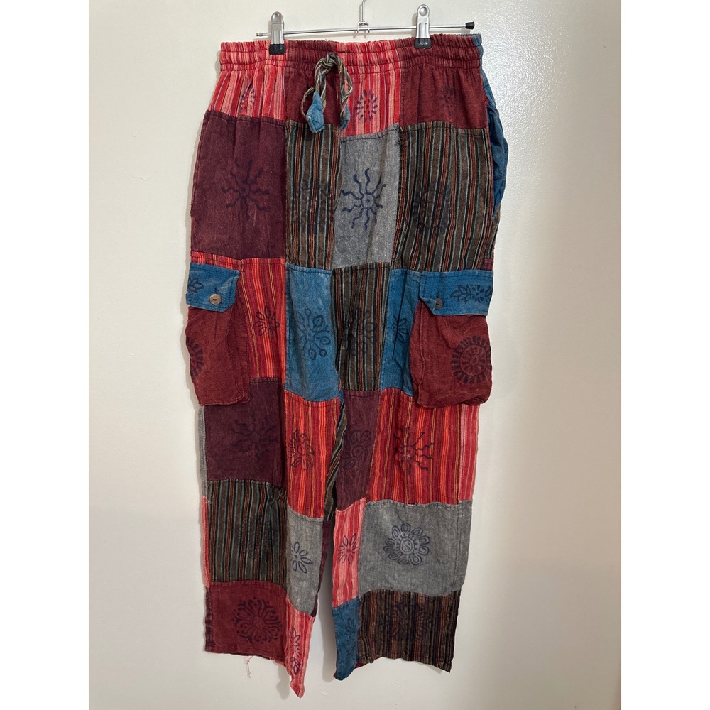 Boho Patchwork Cargo Pants Nepal Cotton Sun Print Multi Color L/XL